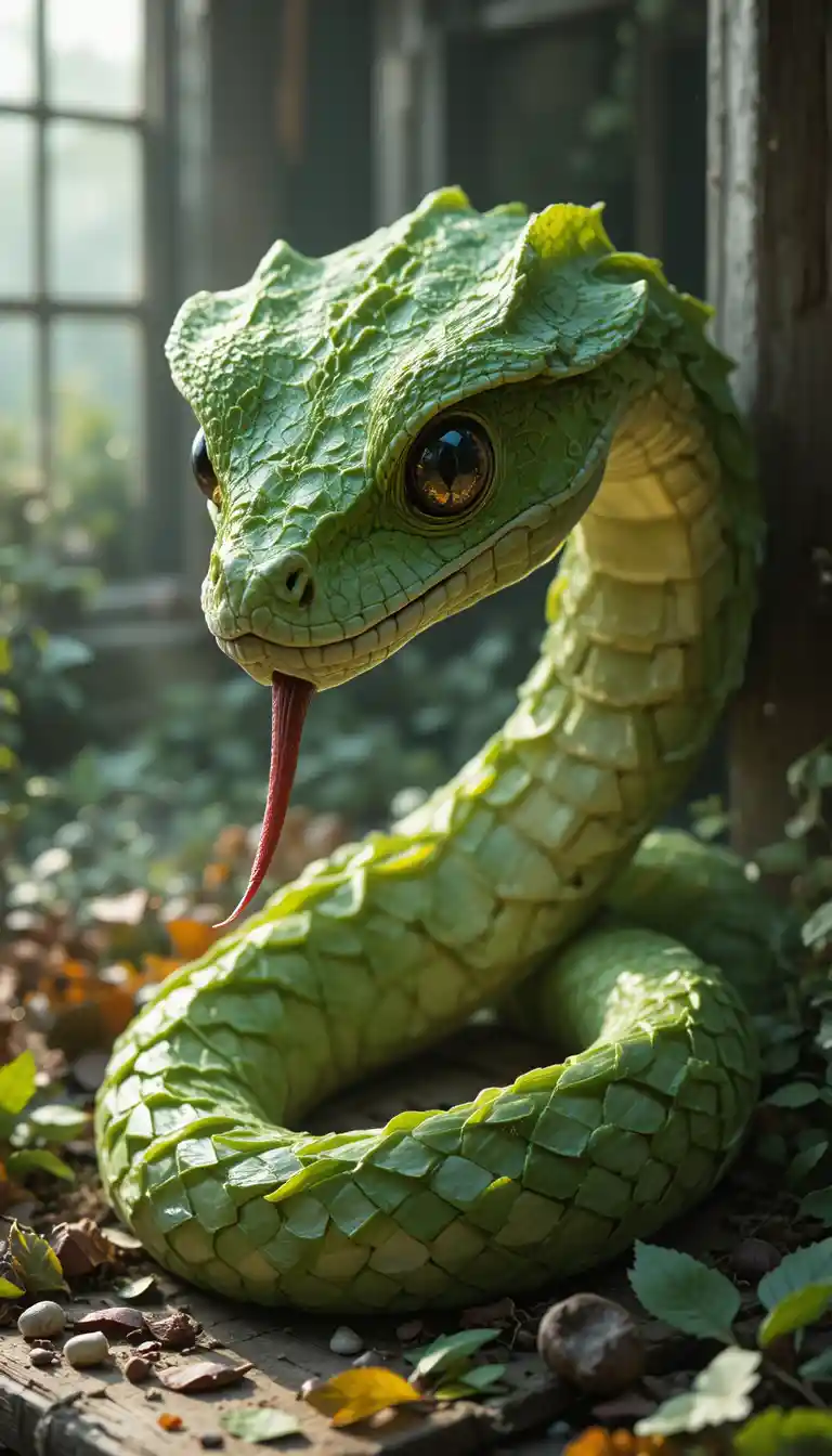 Green leaf snake head sculpture on rustic wooden workbench