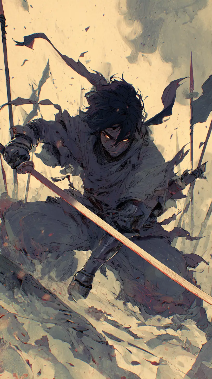 Lone anime warrior with sword on ruined battlefield