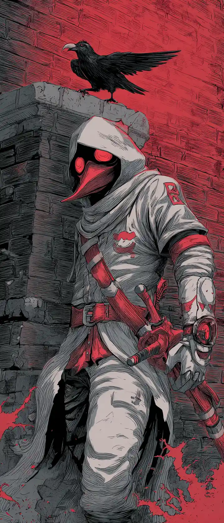 Masked vigilante before a worn brick wall