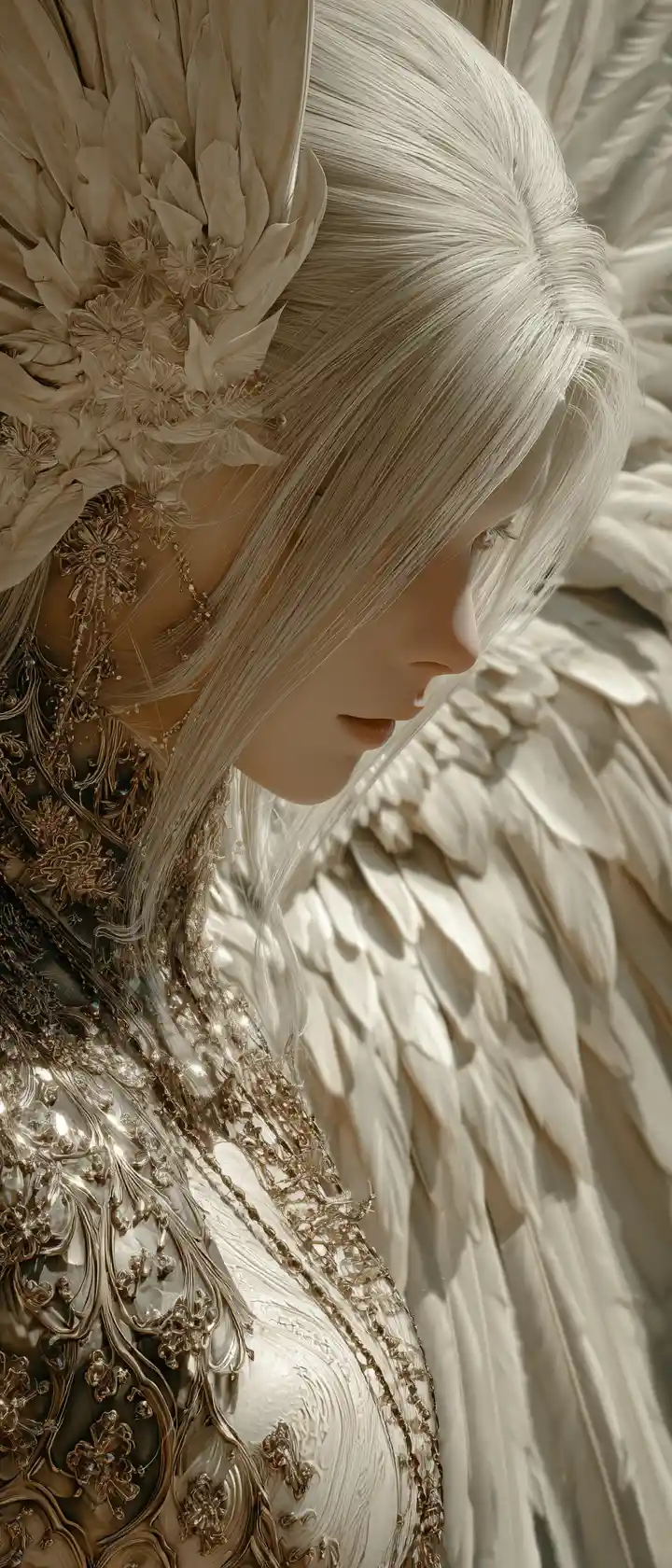 Angel with white hair overlooking earth from celestial garden