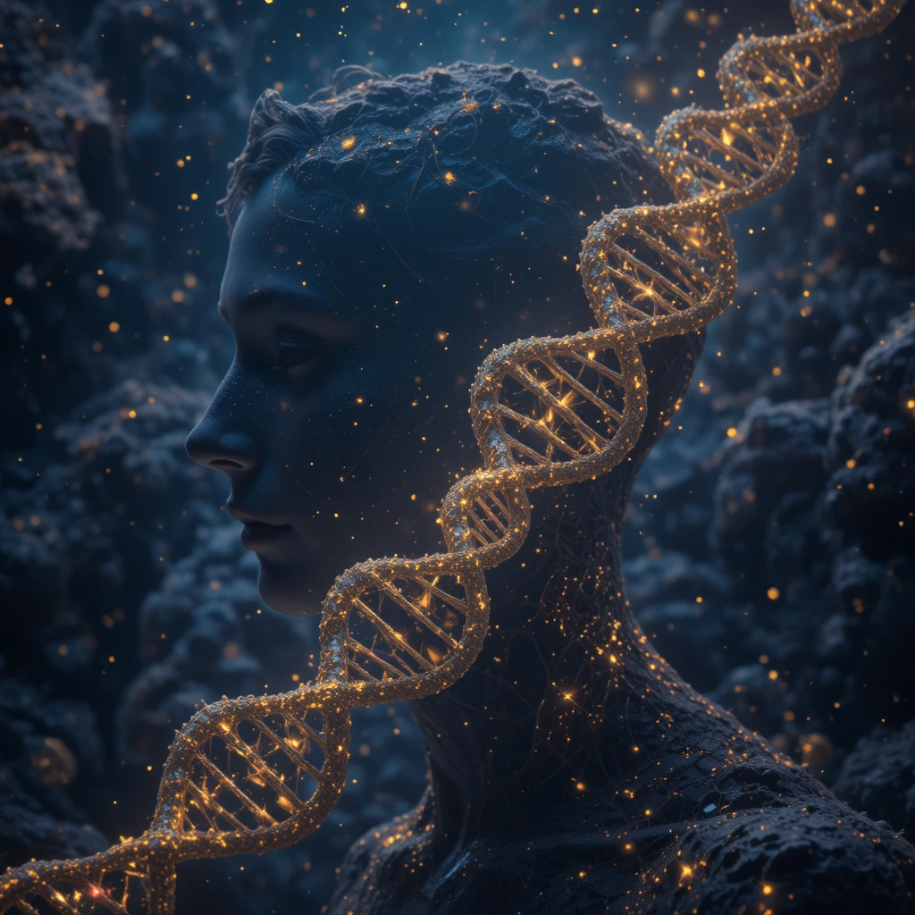 Golden humanoid dna figure in a deep cosmic galaxy