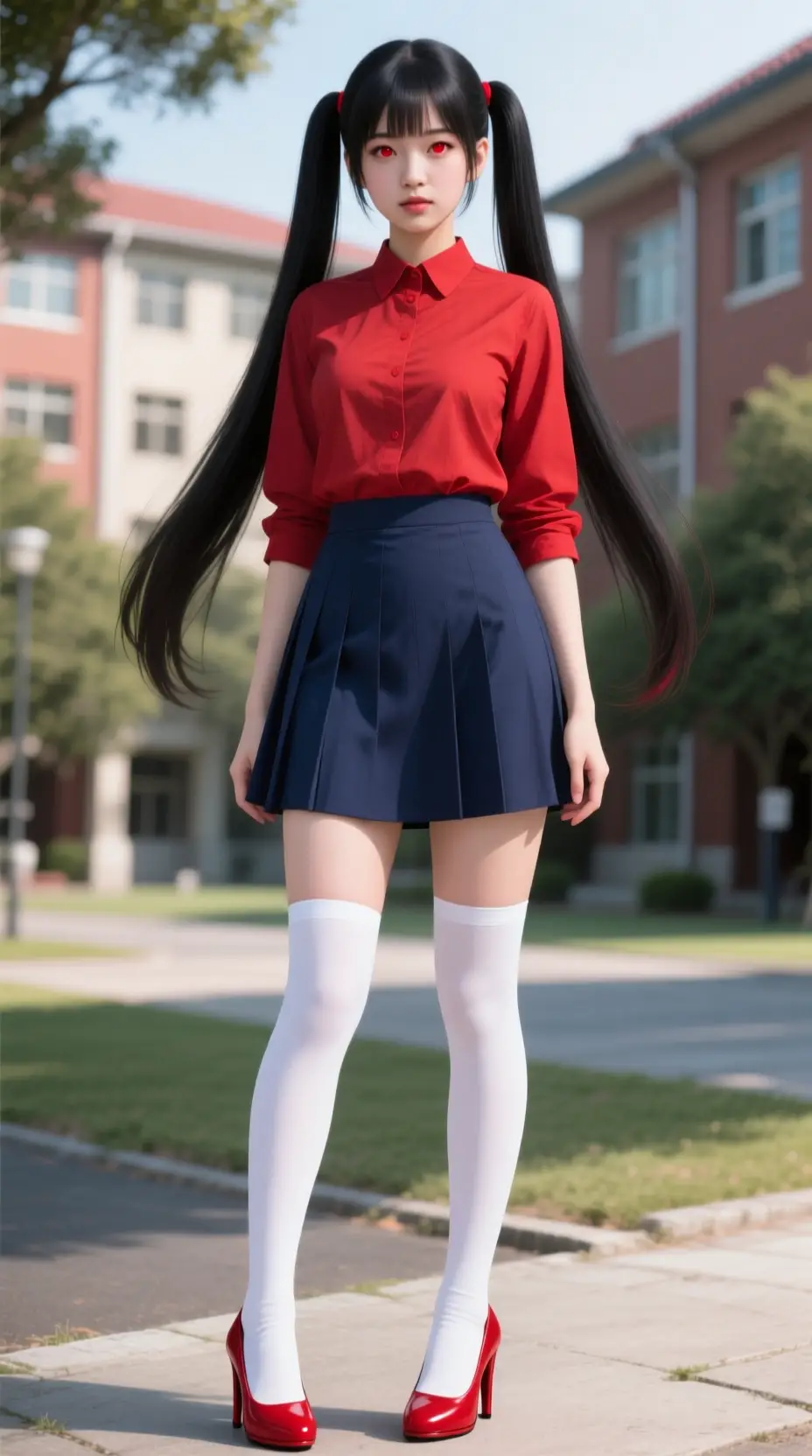 Japanische Frau in rotem Outfit auf einem Campusweg