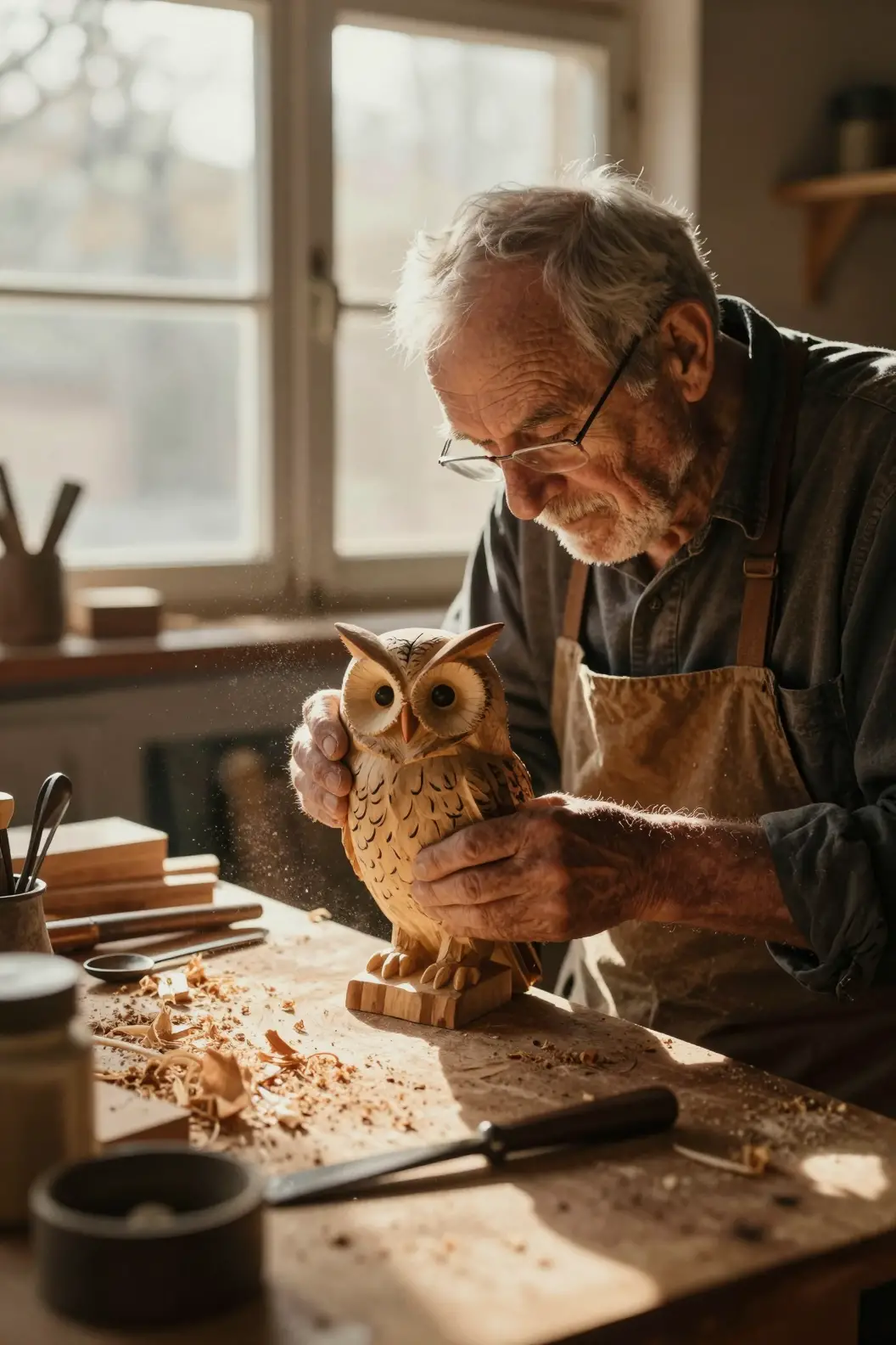 Elderly carpenter carving a wooden owl in warm sunlight