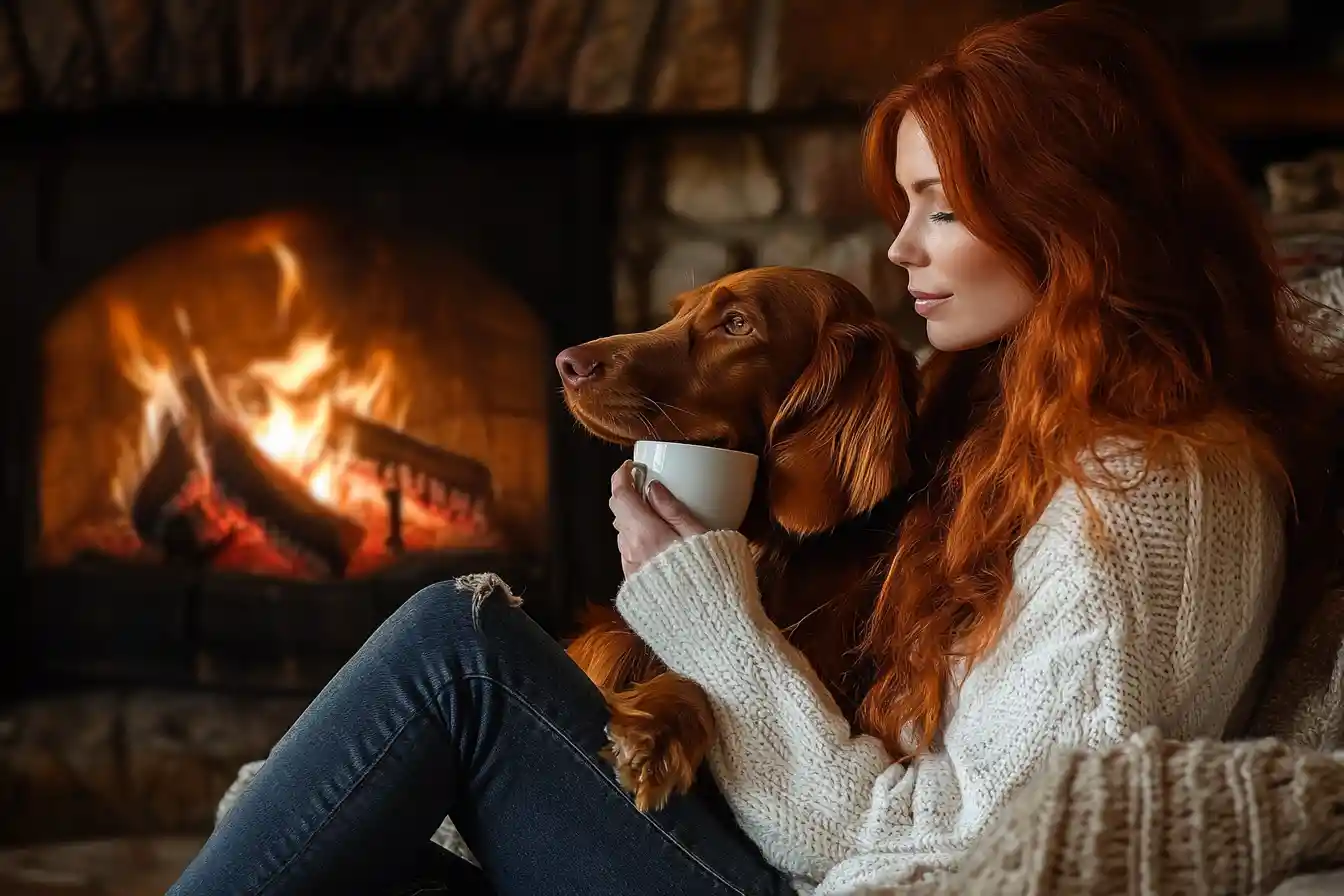 Woman relaxing by fireplace with dog in cozy living room