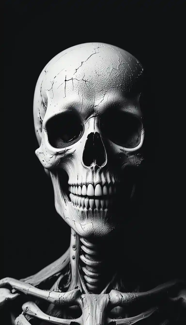 Minimalist black and white skull illustration with eerie gothic mood