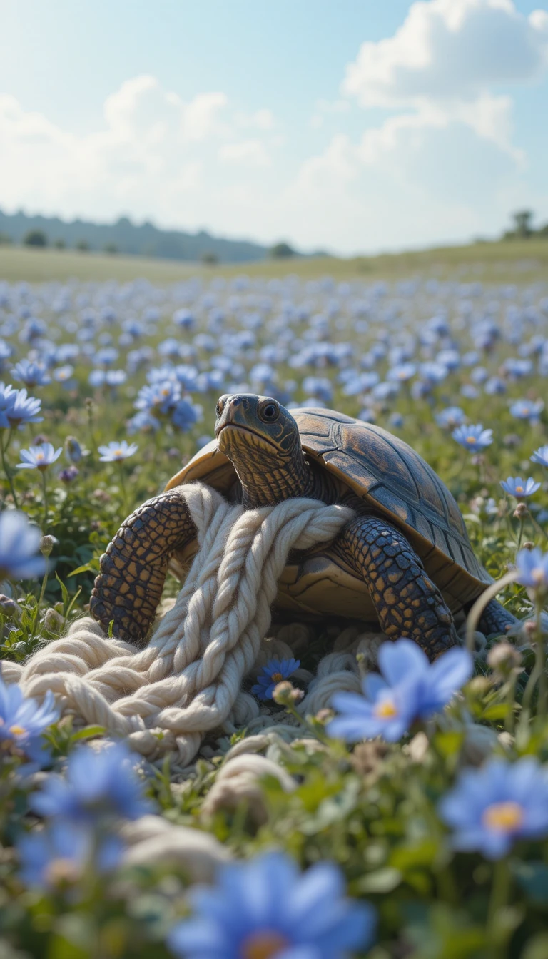 Schildkröte, die Wolle in einem bunten, fantastischen Blumenfeld webt