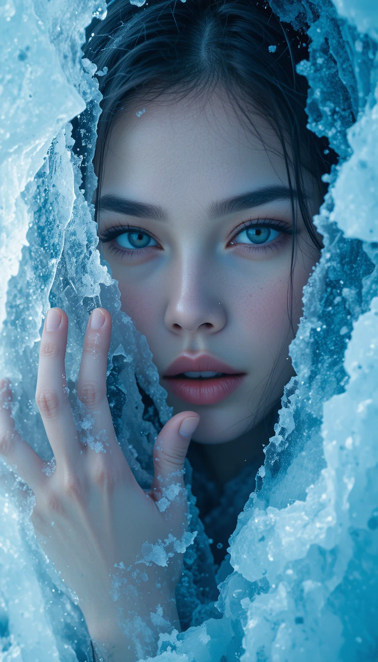 Woman beneath cracked winter ice in emotional close up