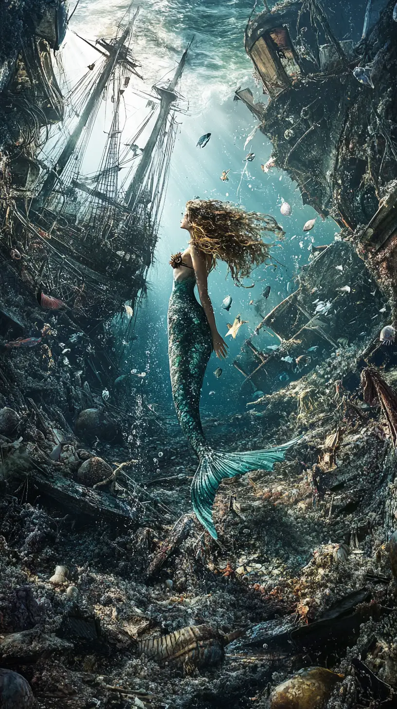 Sirène explorant une épave dans des eaux de dark fantasy