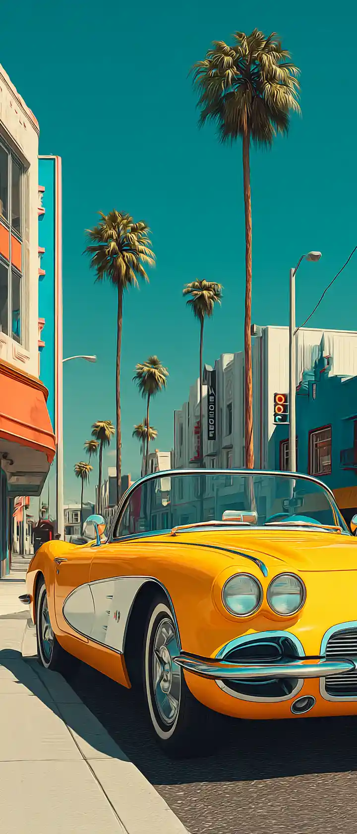 Yellow convertible on a sunny retro city street