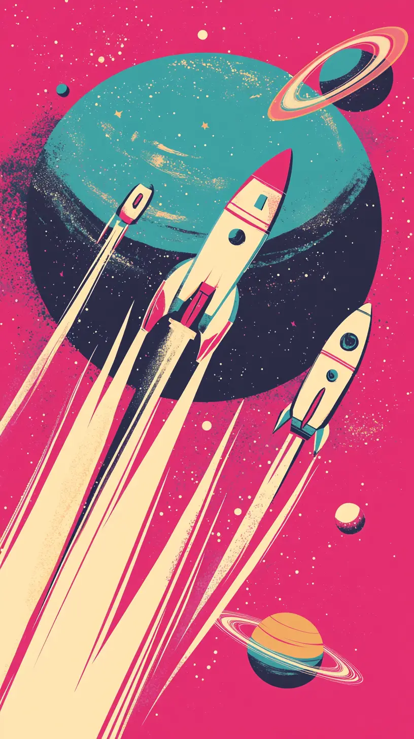 Retro rocketships racing through colorful pop art space