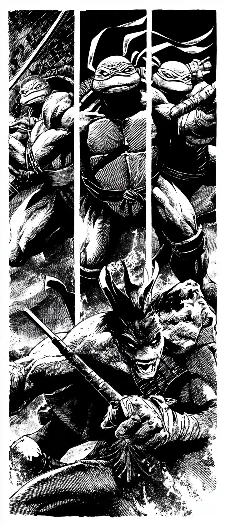 Black and white triptych of muscular masked turtle warrior