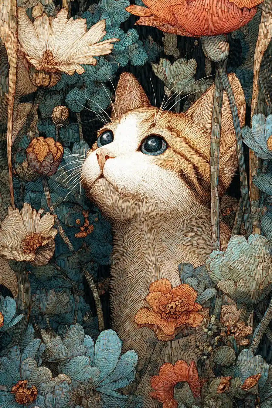 Cute cat exploring an enchanted summer garden illustration