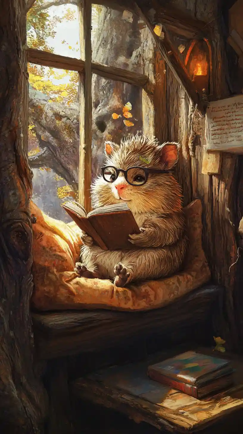 Cozy Guinea Pig Reading In A Rustic Treehouse Nook