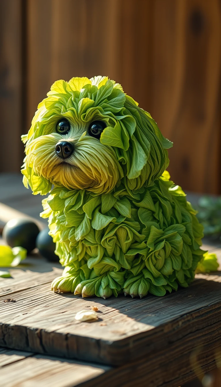 Leafy puppy sculpture on rustic wooden workbench
