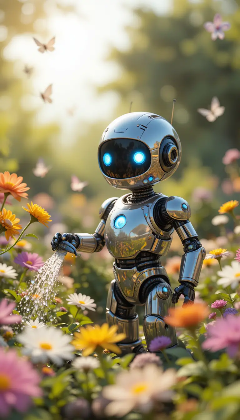 Cute 3D robot watering flowers in a sunny garden