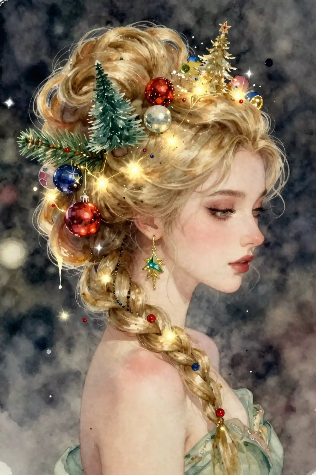 Watercolor fantasy woman with glowing holiday hairstyle