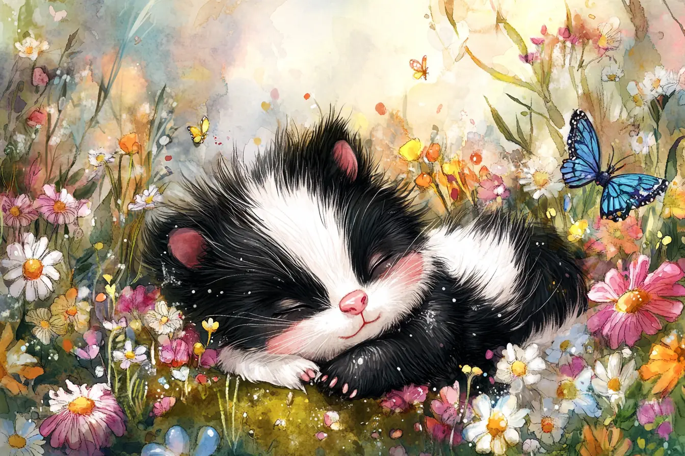 Chubby baby skunk in a sunny watercolor meadow