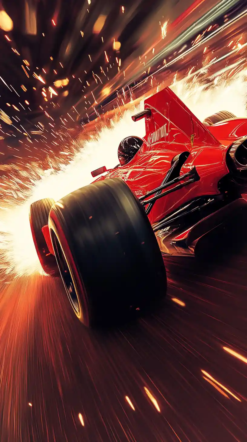 Red formula race car drifting through a fast corner