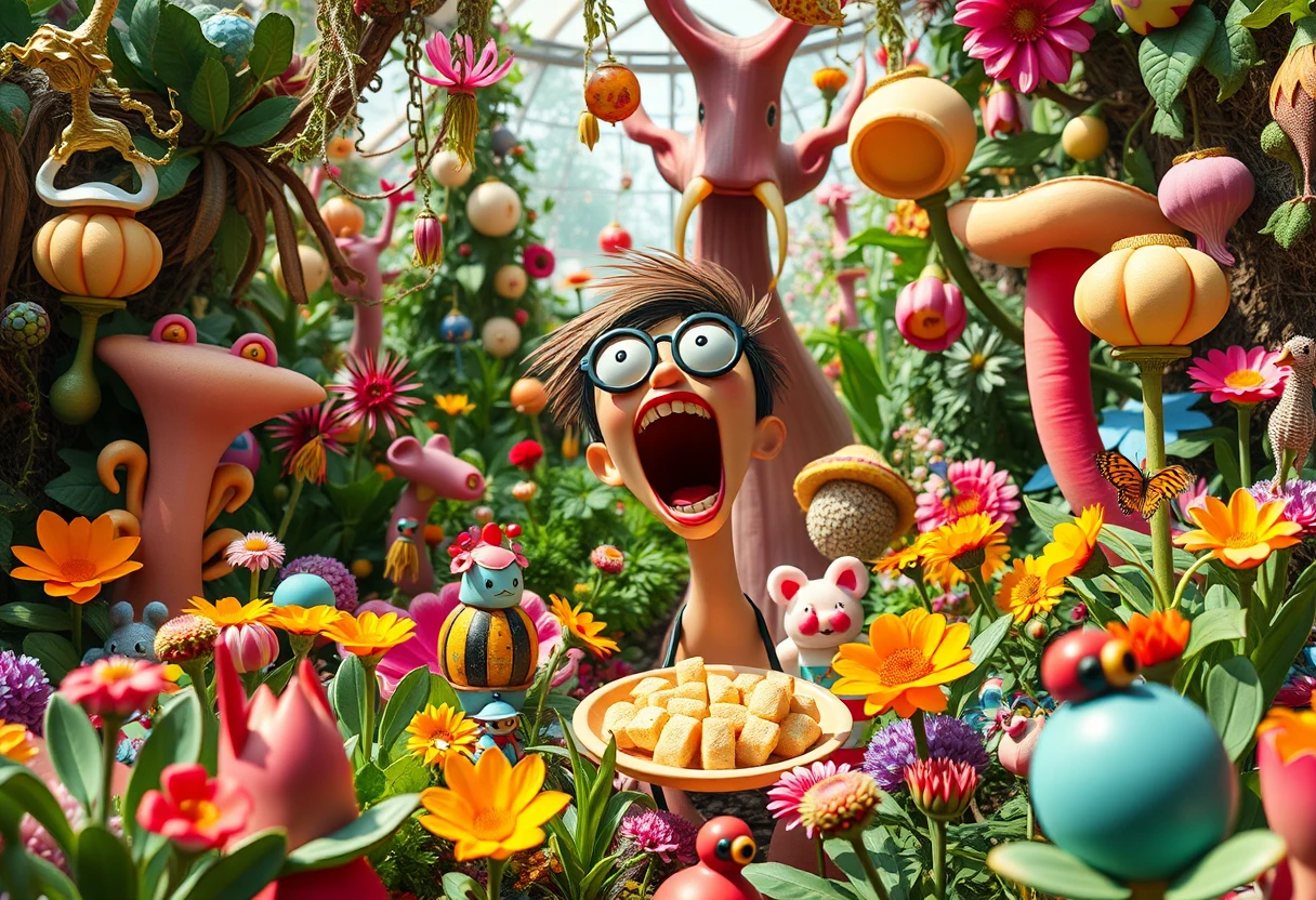 Excited character in a whimsical eternal fantasy garden