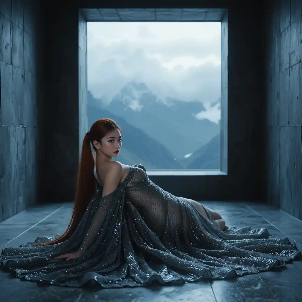 Korean woman in liquid gunmetal gown in shadowed chamber