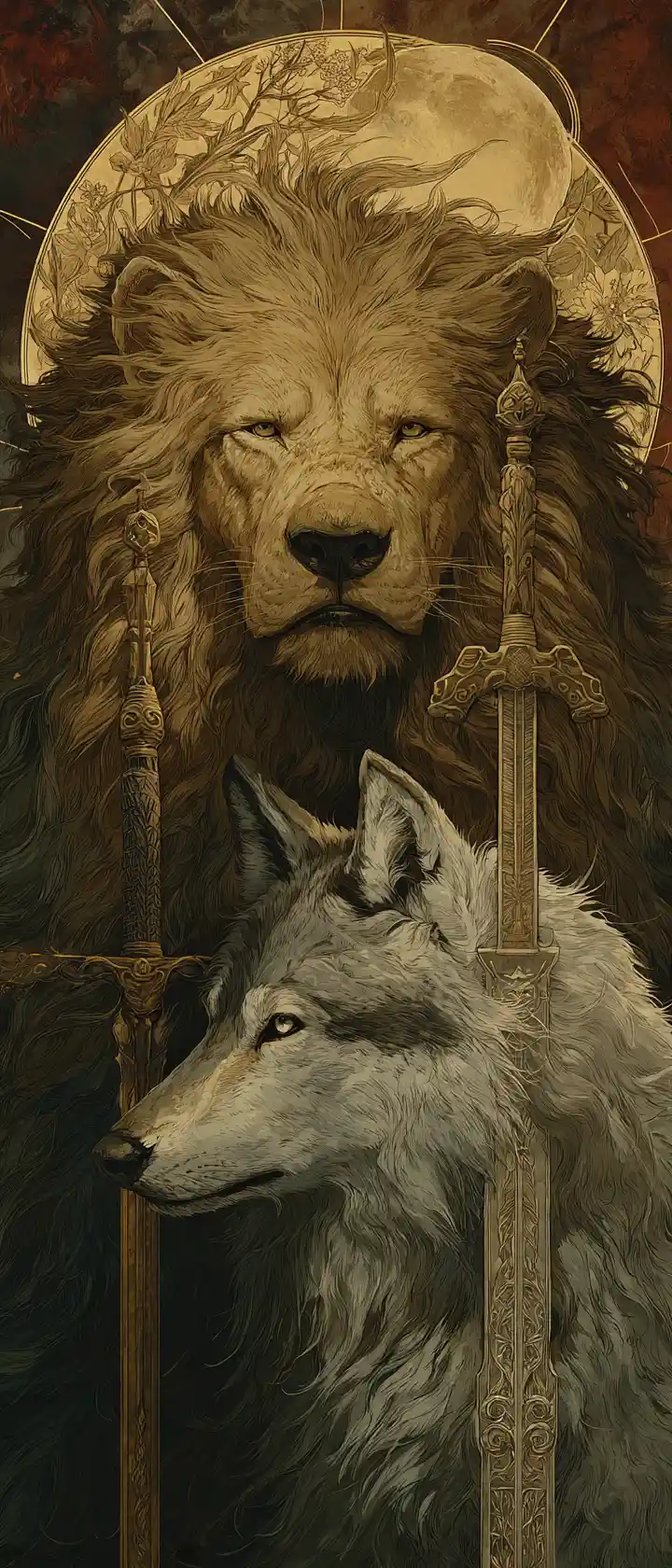 Majestic wolf and lion in a symmetrical fantasy portrait