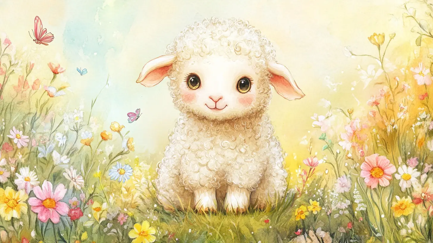 Watercolor baby lamb in a sunny wildflower meadow