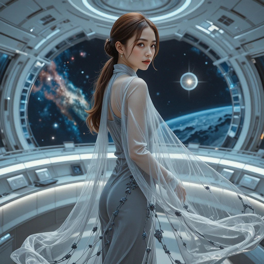 Young korean diplomat gazing away in a silver gown