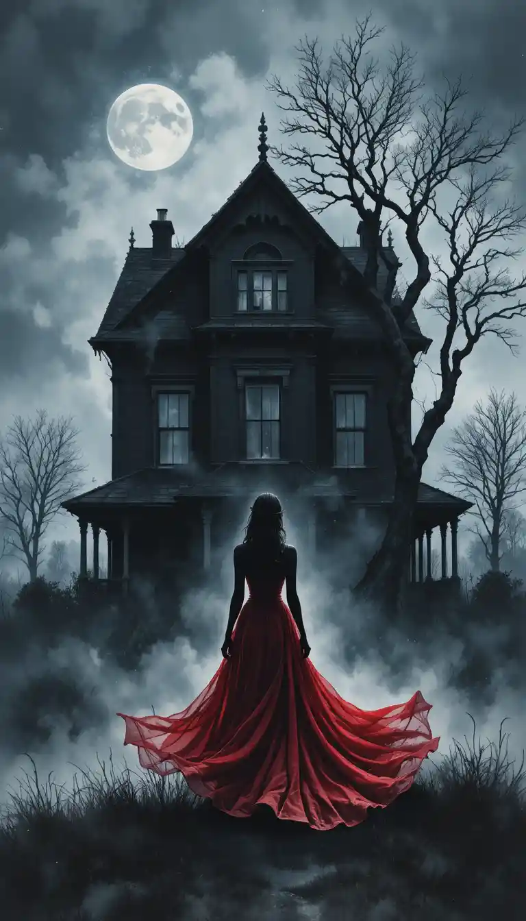 Femme en robe cramoisie devant une ancienne maison victorienne de nuit