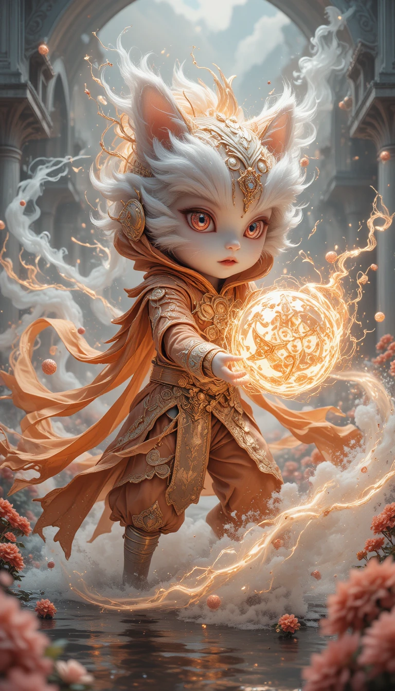 Vermummte Geisterkatze lädt ihre Kräfte in einem weißen Palast auf