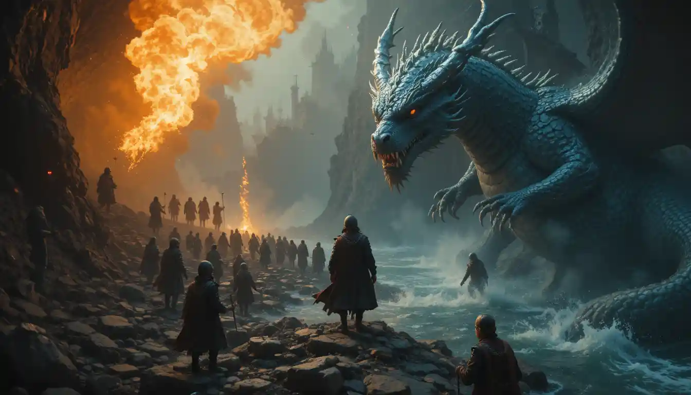 Fantasy dragons emerge from the sea in ominous darkness