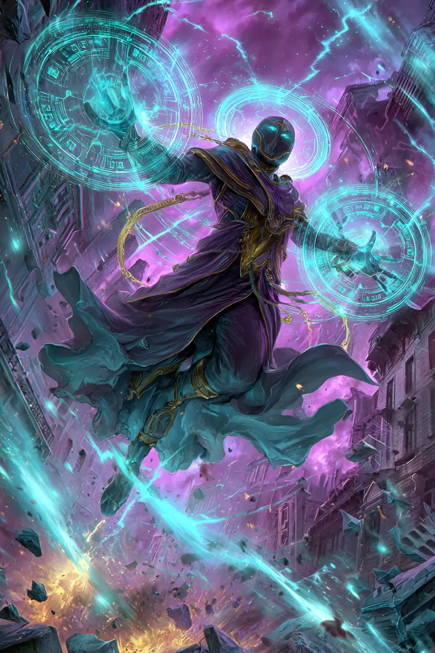 Voidborne mage bending time in a shattered city