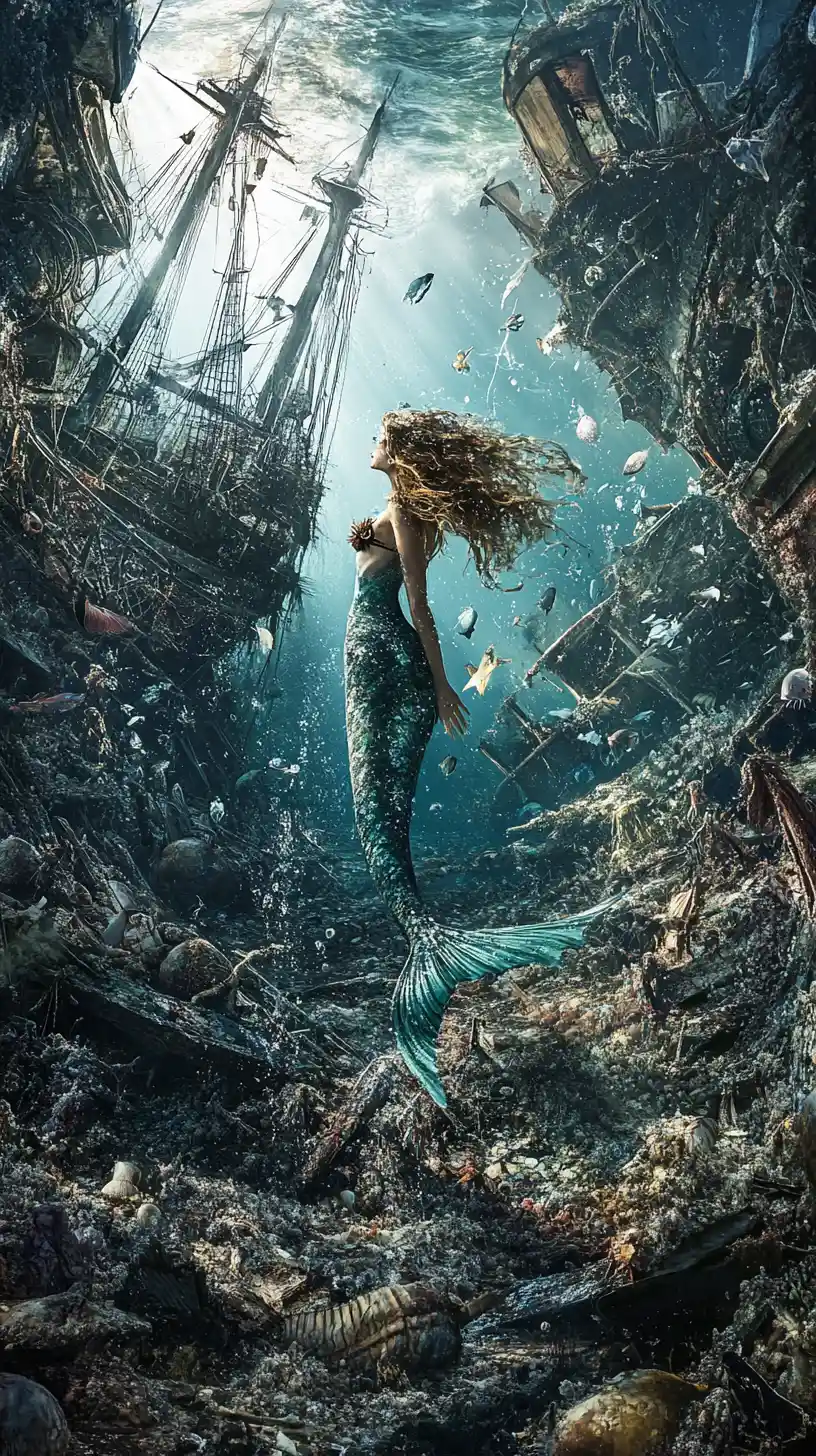 Meerjungfrau erforscht ein versunkenes Schiffswrack in dunklen Fantasy-Gewässern