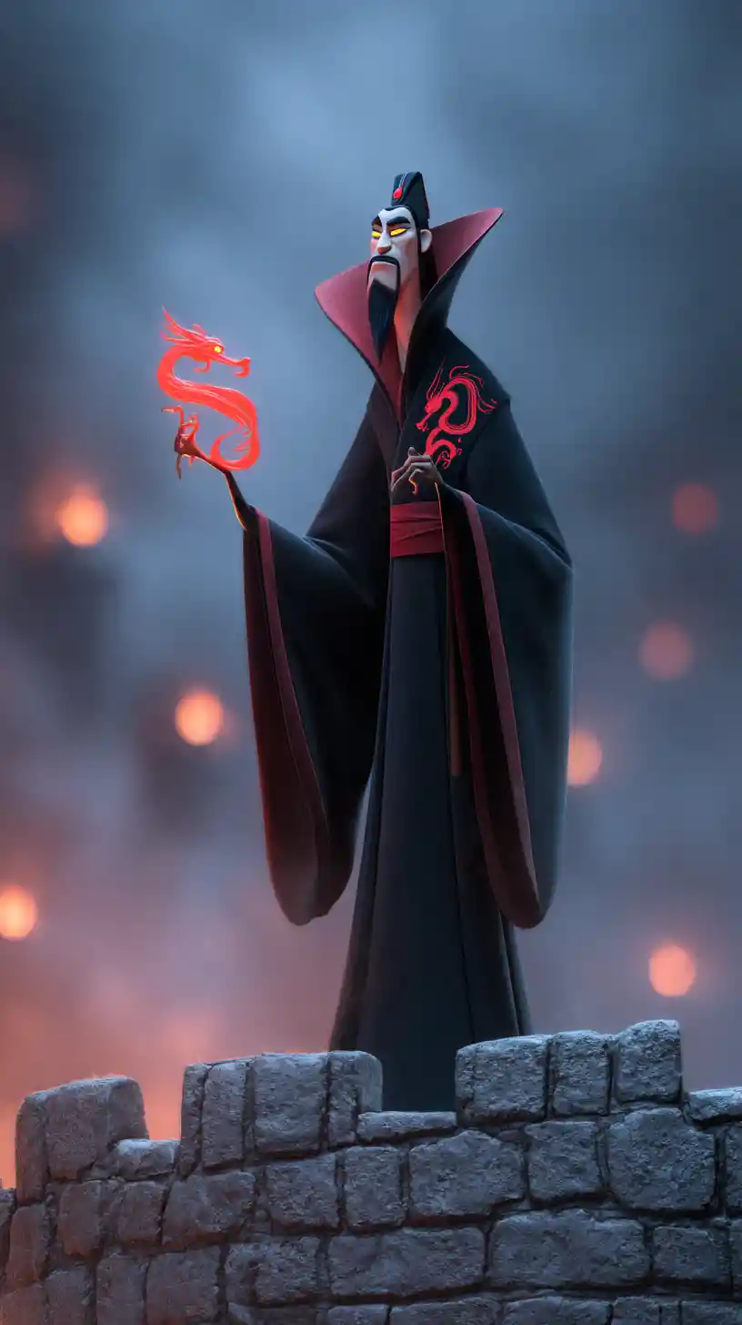 Dark villain on crumbling wall above misty imperial city