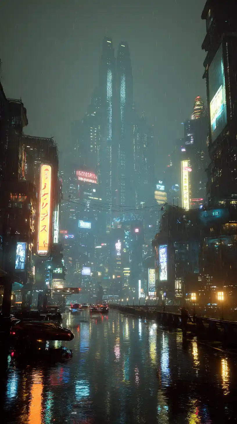 Futuristic cityscape in heavy rain with neon reflections