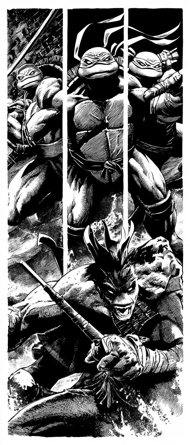 Black and white triptych of muscular masked turtle warrior