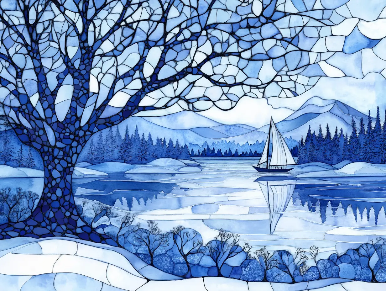 Stained glass style blue watercolor icy winter landscape