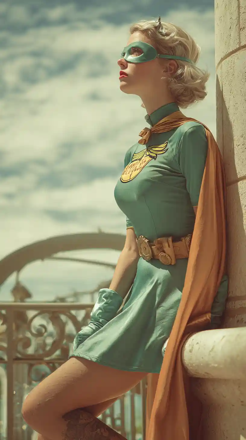 Retro futuristic fantasy heroine in dreamy comic world