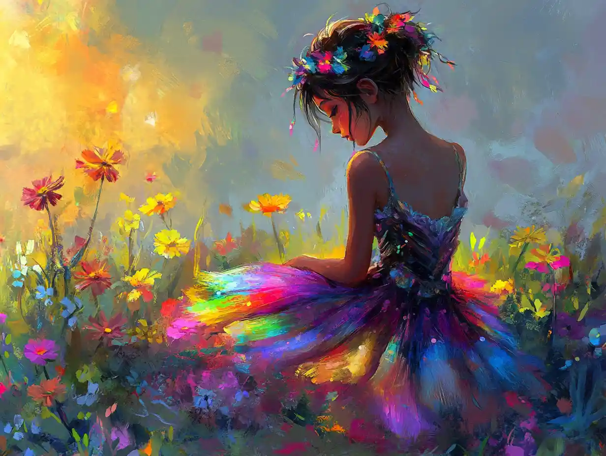Whimsical ethereal girl beside neon rainbow wildflowers