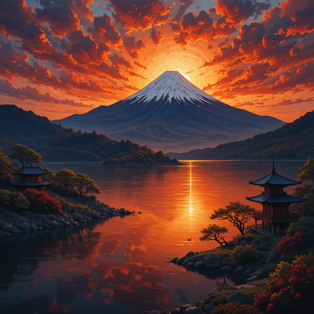 Coucher de soleil sur le mont Fuji reflété dans un paisible lac de montagne