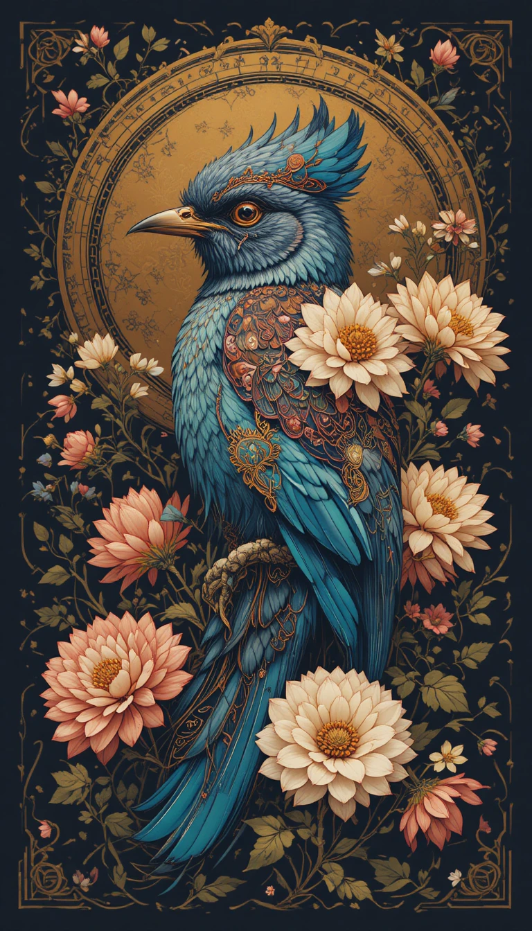 Ilustración neotradicional de un pájaro adornado con delicadas flores