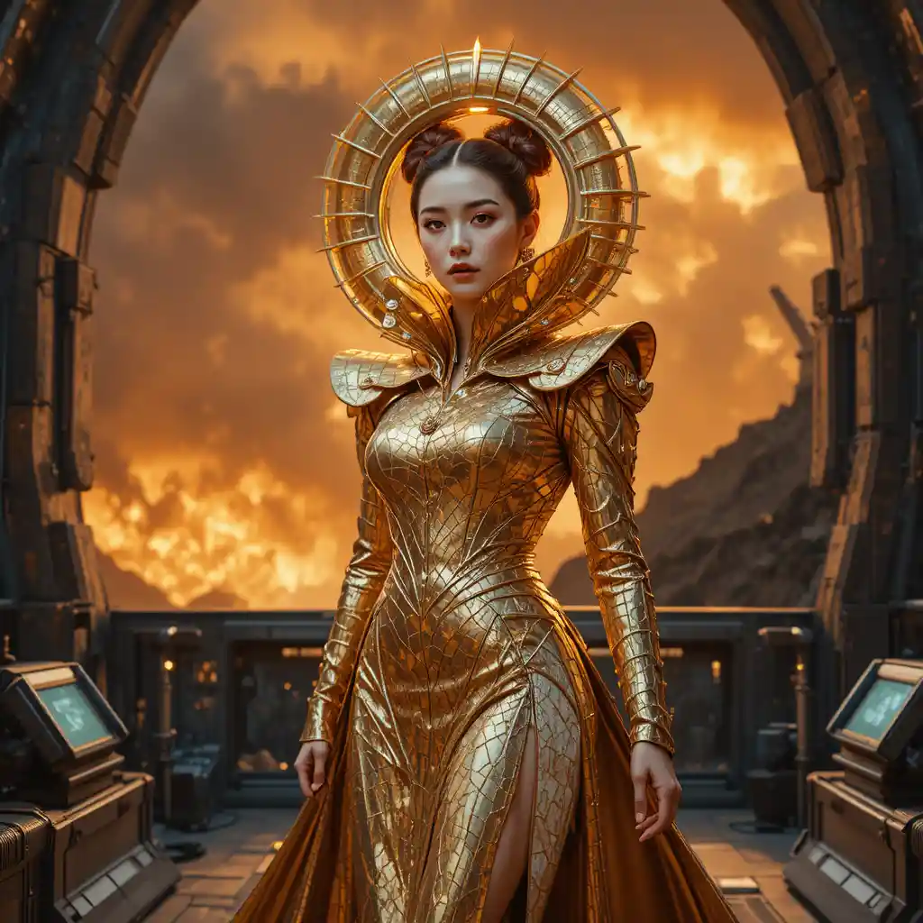 Korean commander woman strides on a dark starship deck