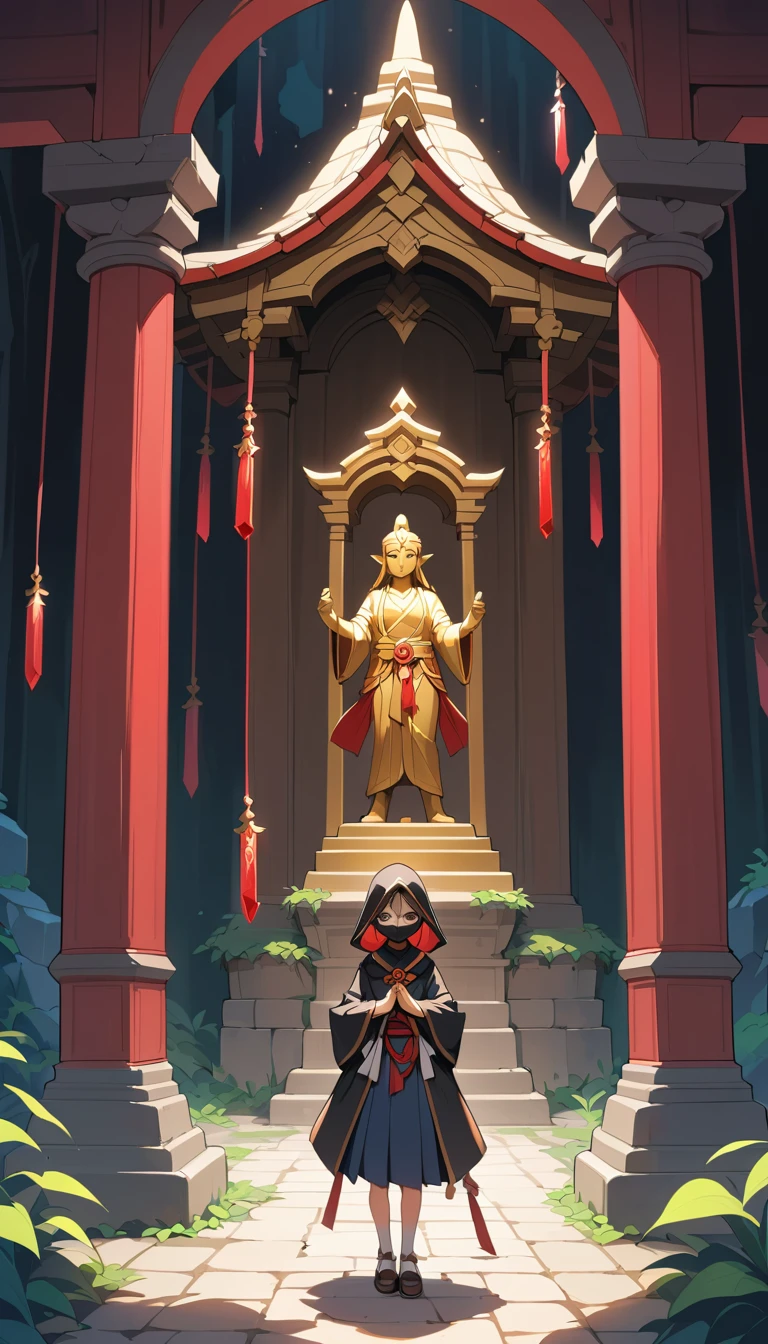 崖の寺院の中庭と像のあるアニメ少女