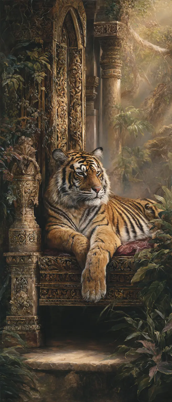 Majestic tiger resting on a carved throne in temple