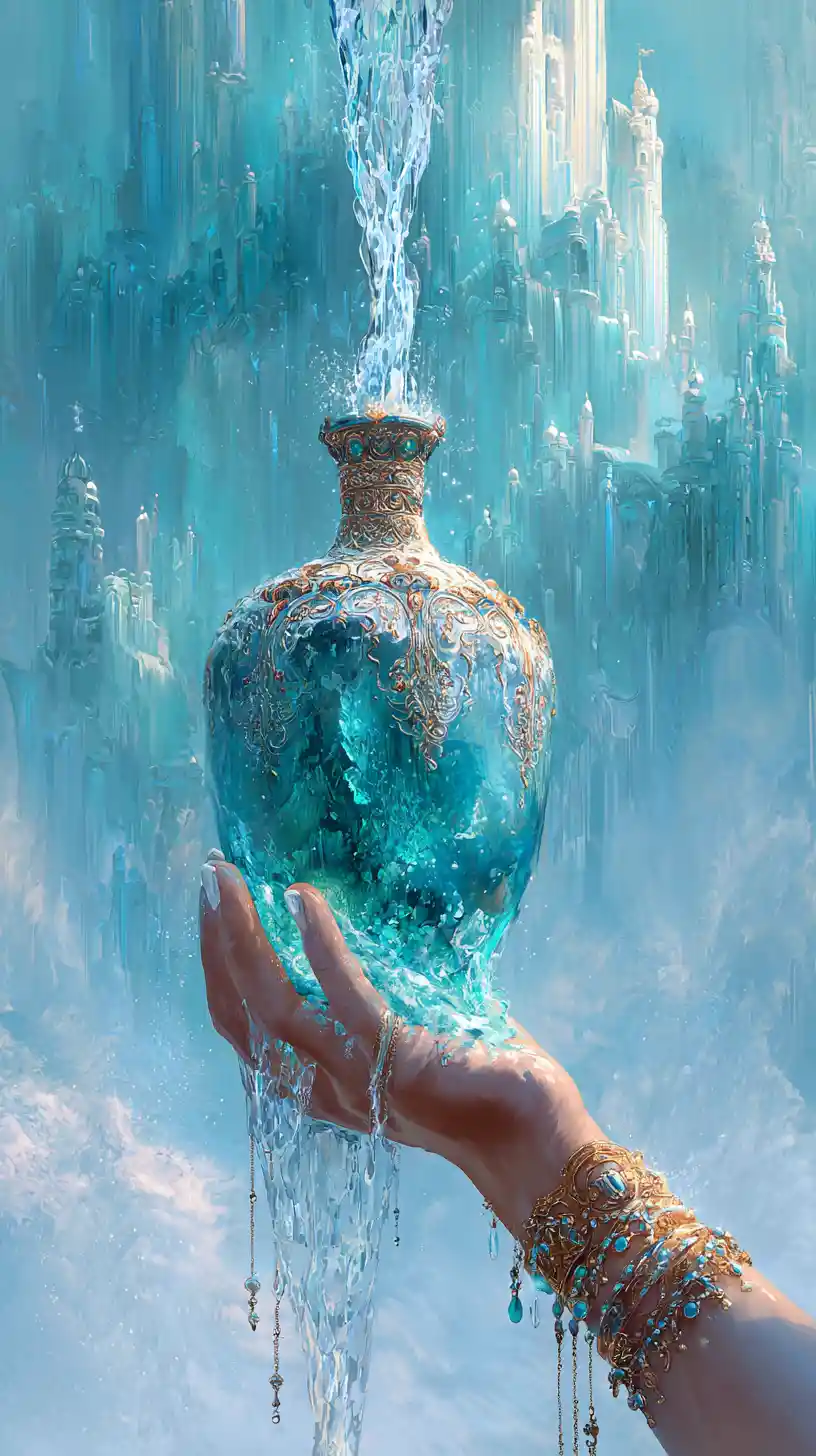 Ethereal Water City Flowing From A Magical Bottle