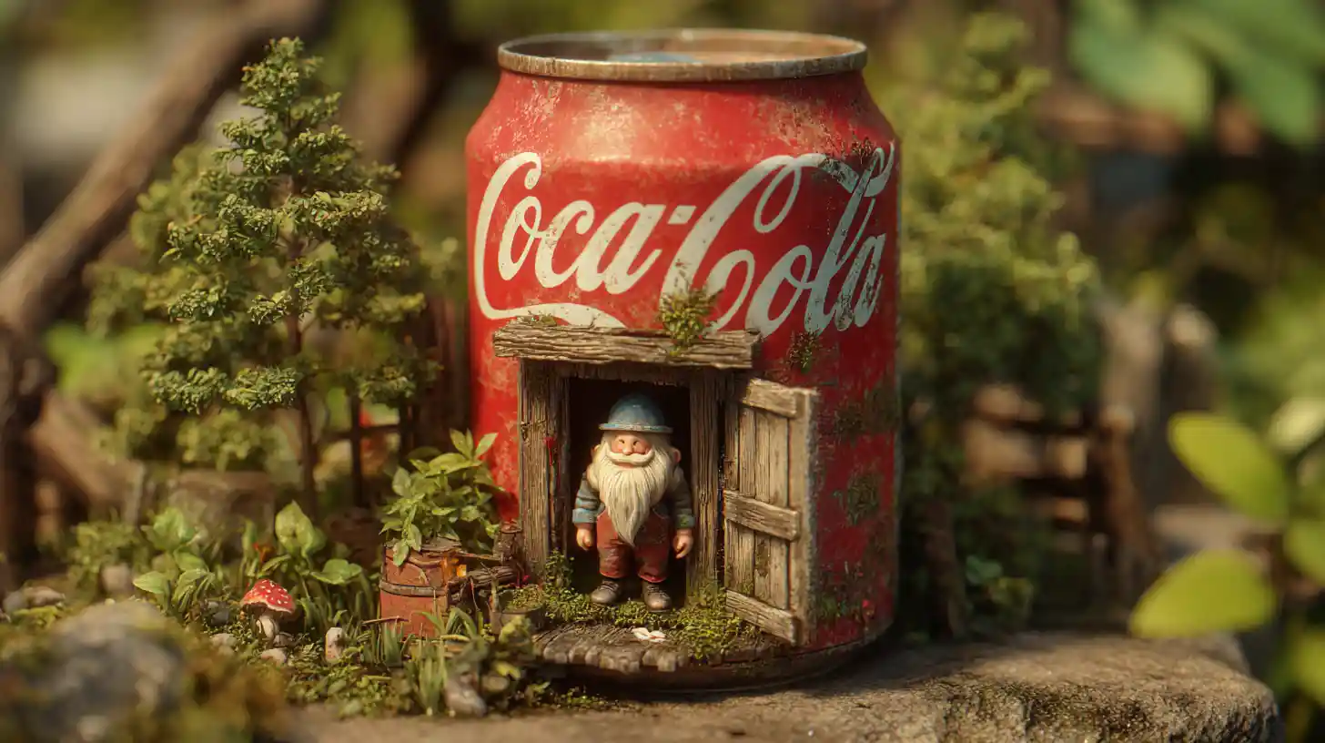 Tiny bearded creature living in a rustic cola can home
