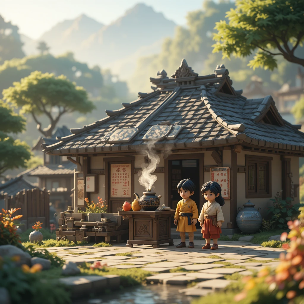 Voxel village tea stall in soft morning sunlight