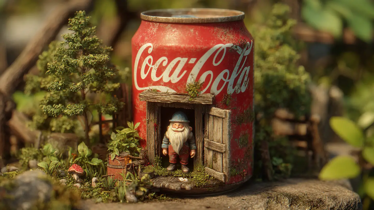 Tiny bearded creature living in a rustic cola can home