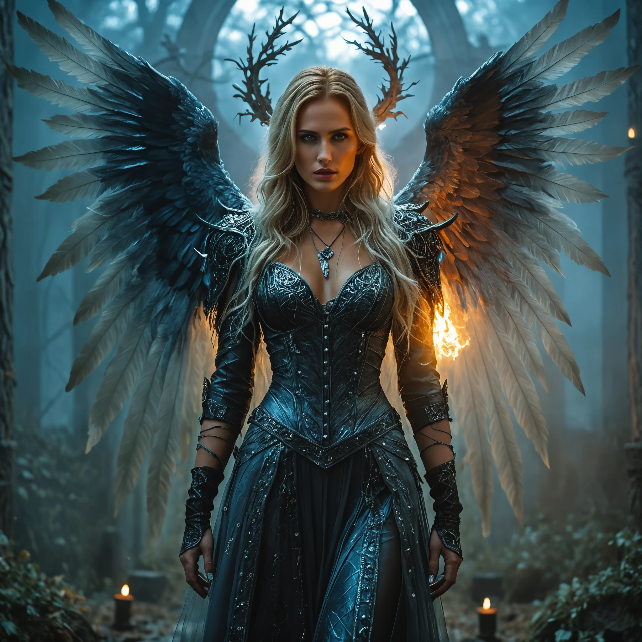 Fallen angel woman screaming upward in gothic moonlight