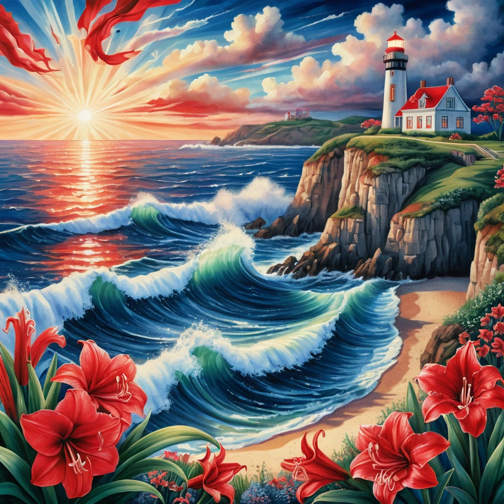 Surreal lighthouse over crashing summer waves and flowers