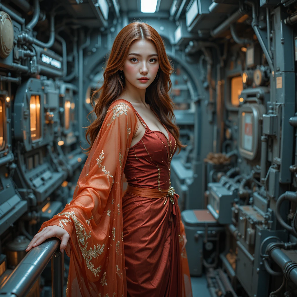 Elegant woman on metal catwalk above industrial cargo bay